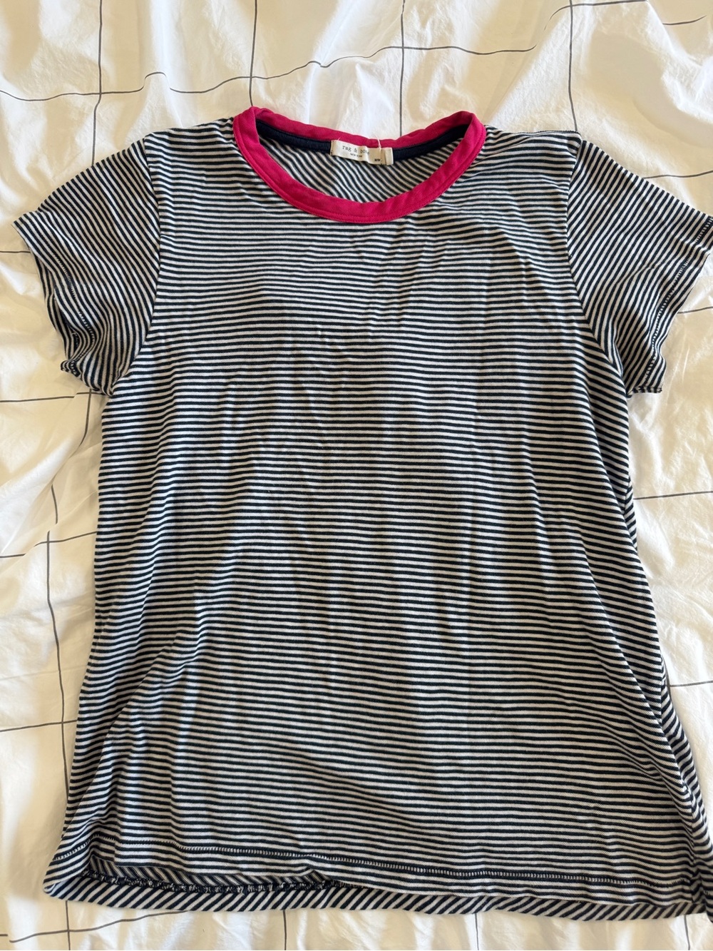 Rag&Bone Striped Navy & White Tee with Pink Trim